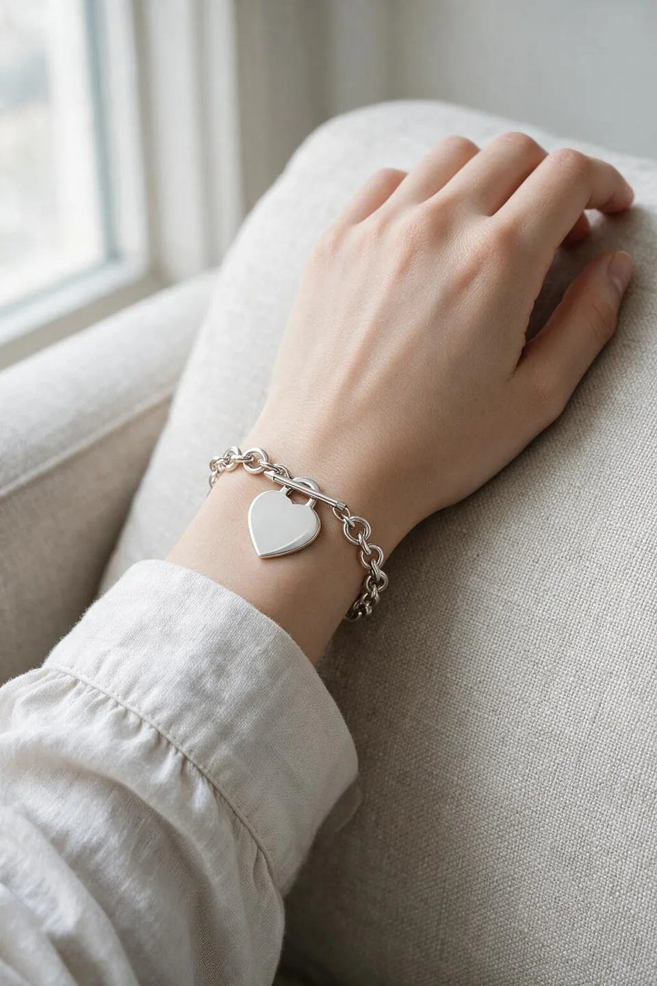 Styled editorial visualization featuring Tiffany & Co. Return to Tiffany Heart Tag Bracelet (Sterling Silver)