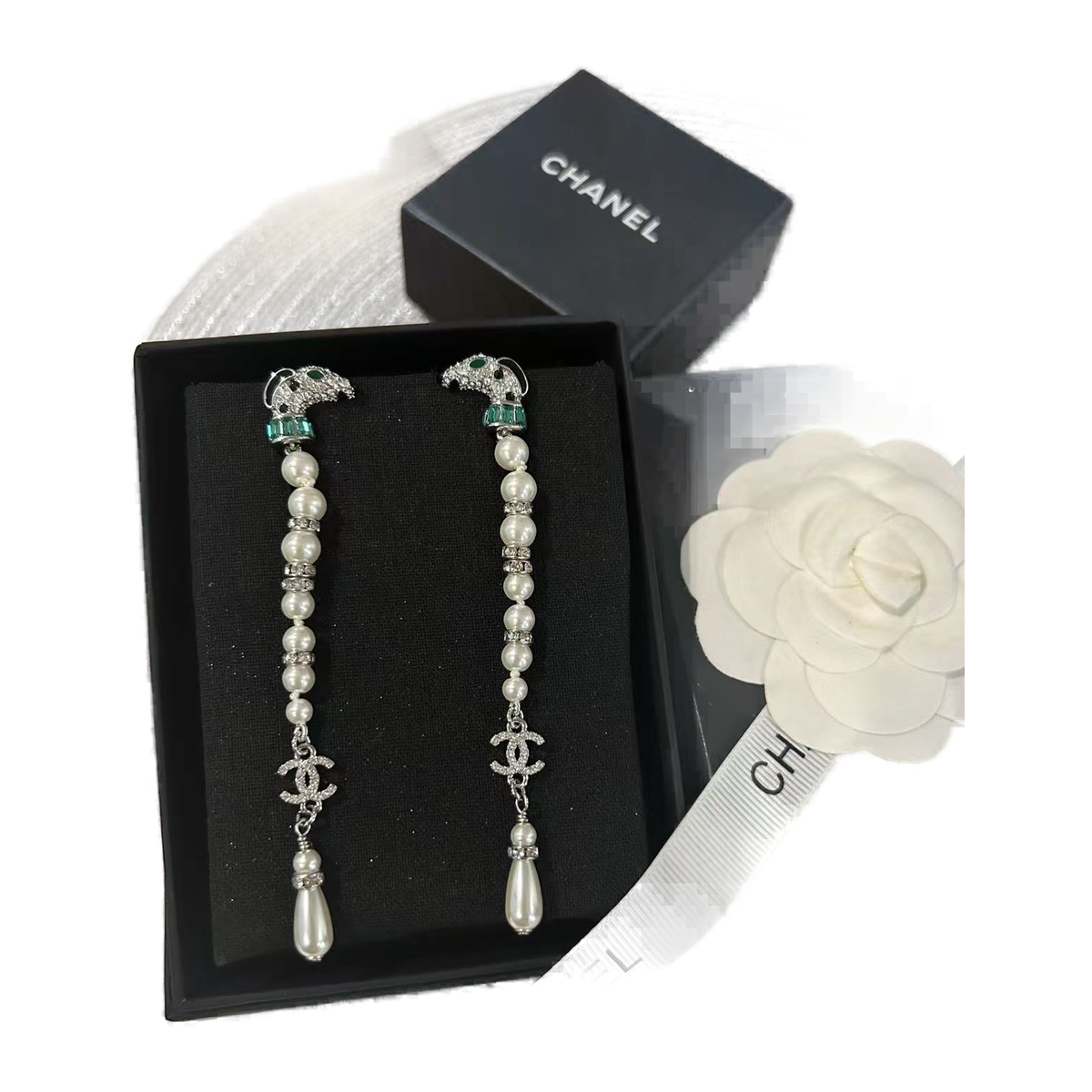 Chanel 26A Black and Green Glass Pearl Long Drop Earrings ABH670 B25240 UB746 product image
