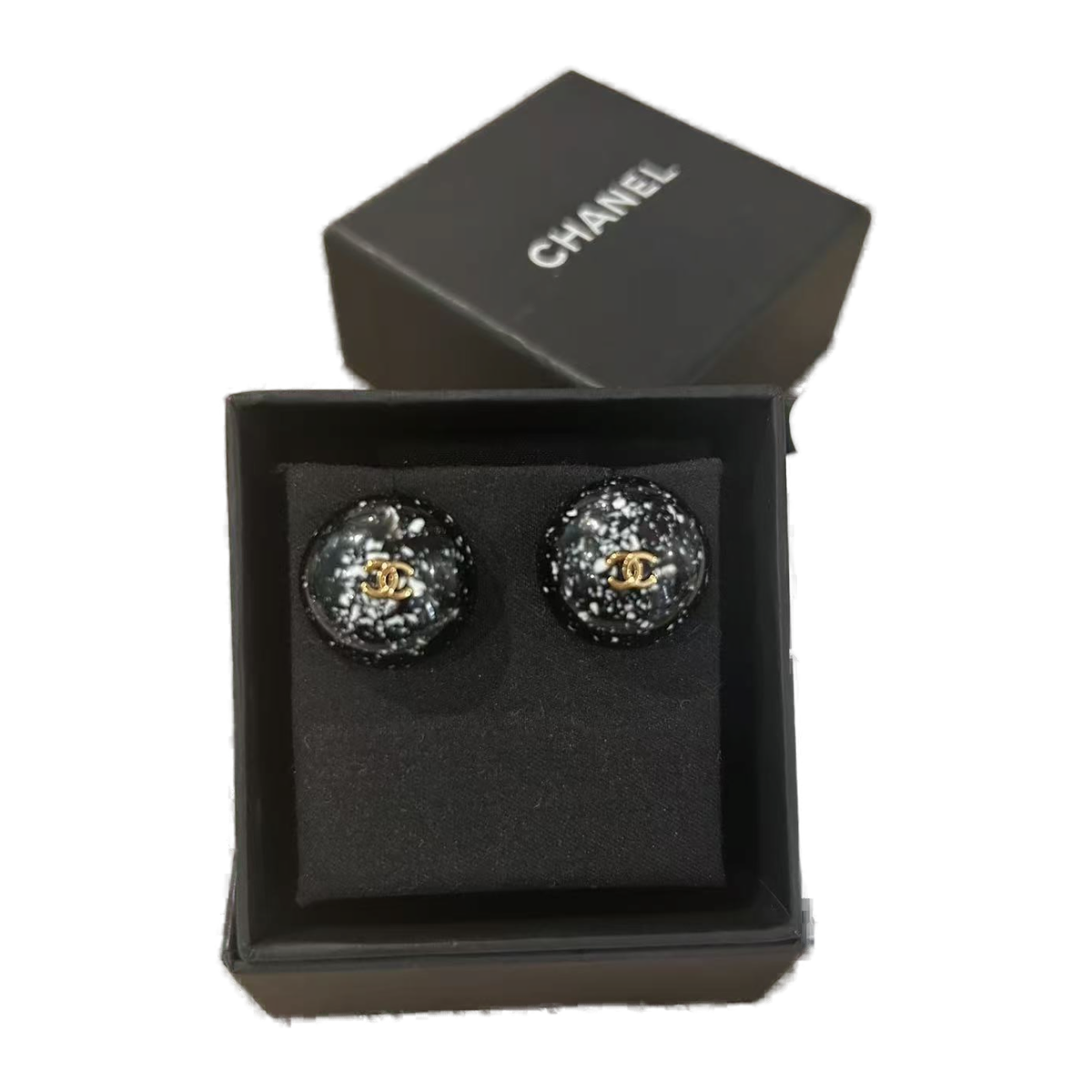 Chanel Black and White Marbled Resin Round CC Stud Earrings product image