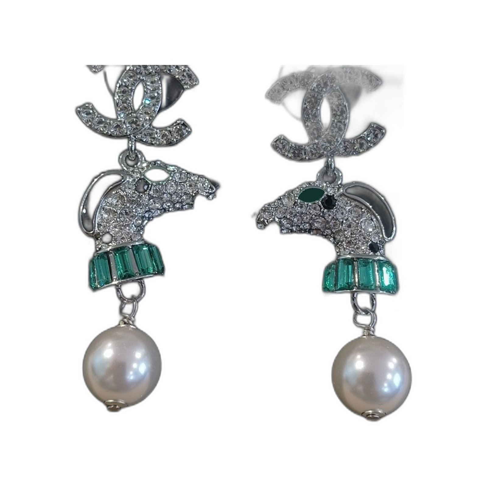 Chanel CC Animal Motif Emerald and Faux Pearl Drop Earrings product image